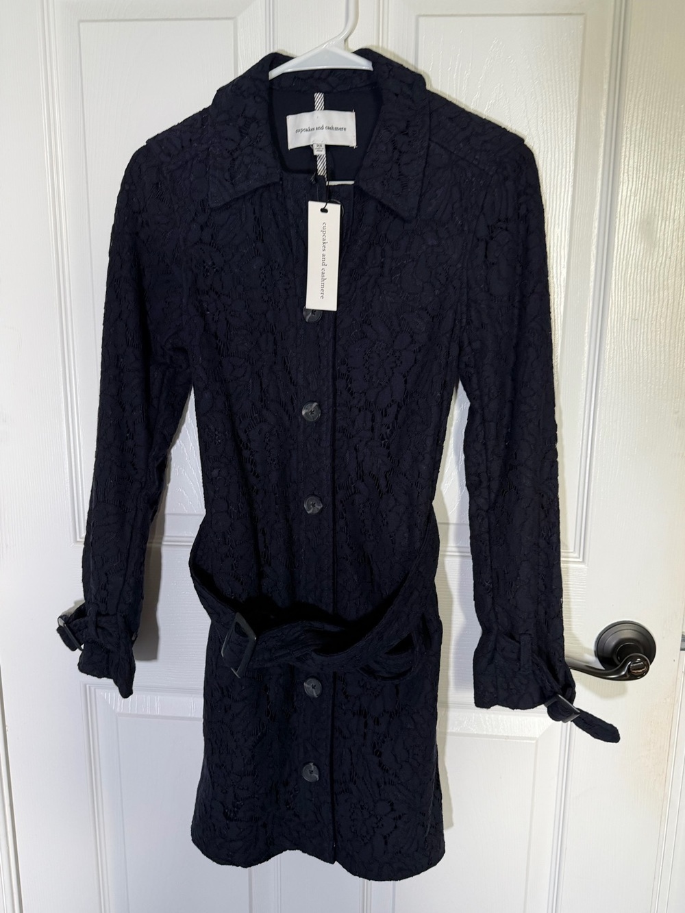 NWT Cupcakes and Cashmere Aldean Lace Trench Coat Dark Blue Women XS $178 - Picture 6 of 9